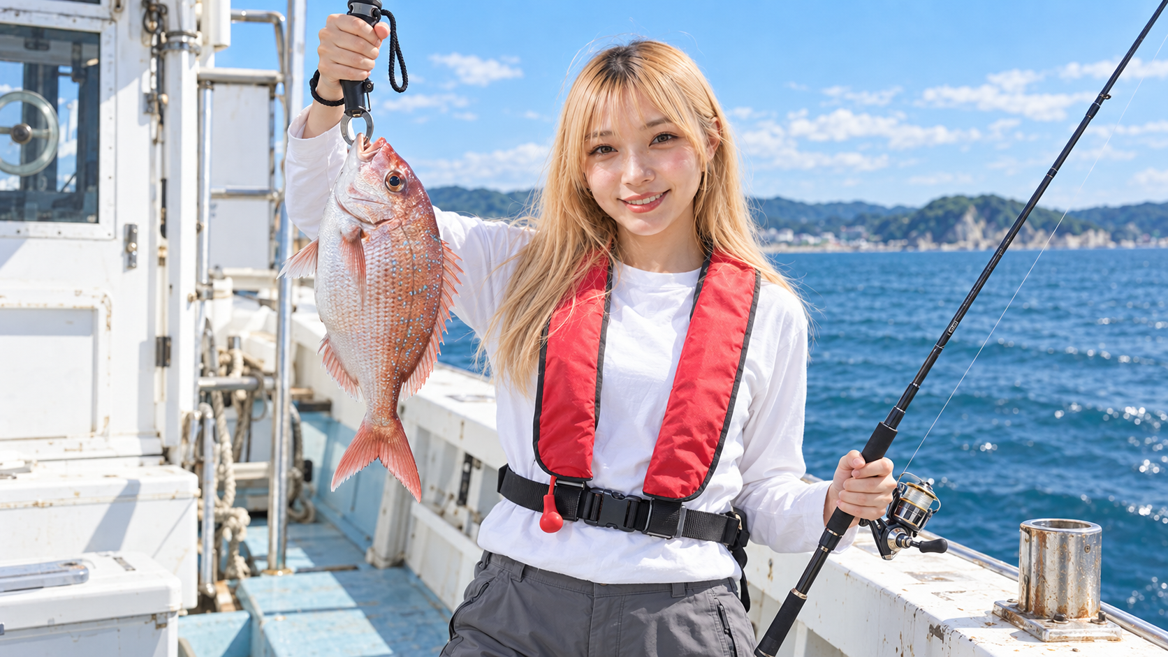 船上でマダイとロッドを持って釣果を紹介する女性