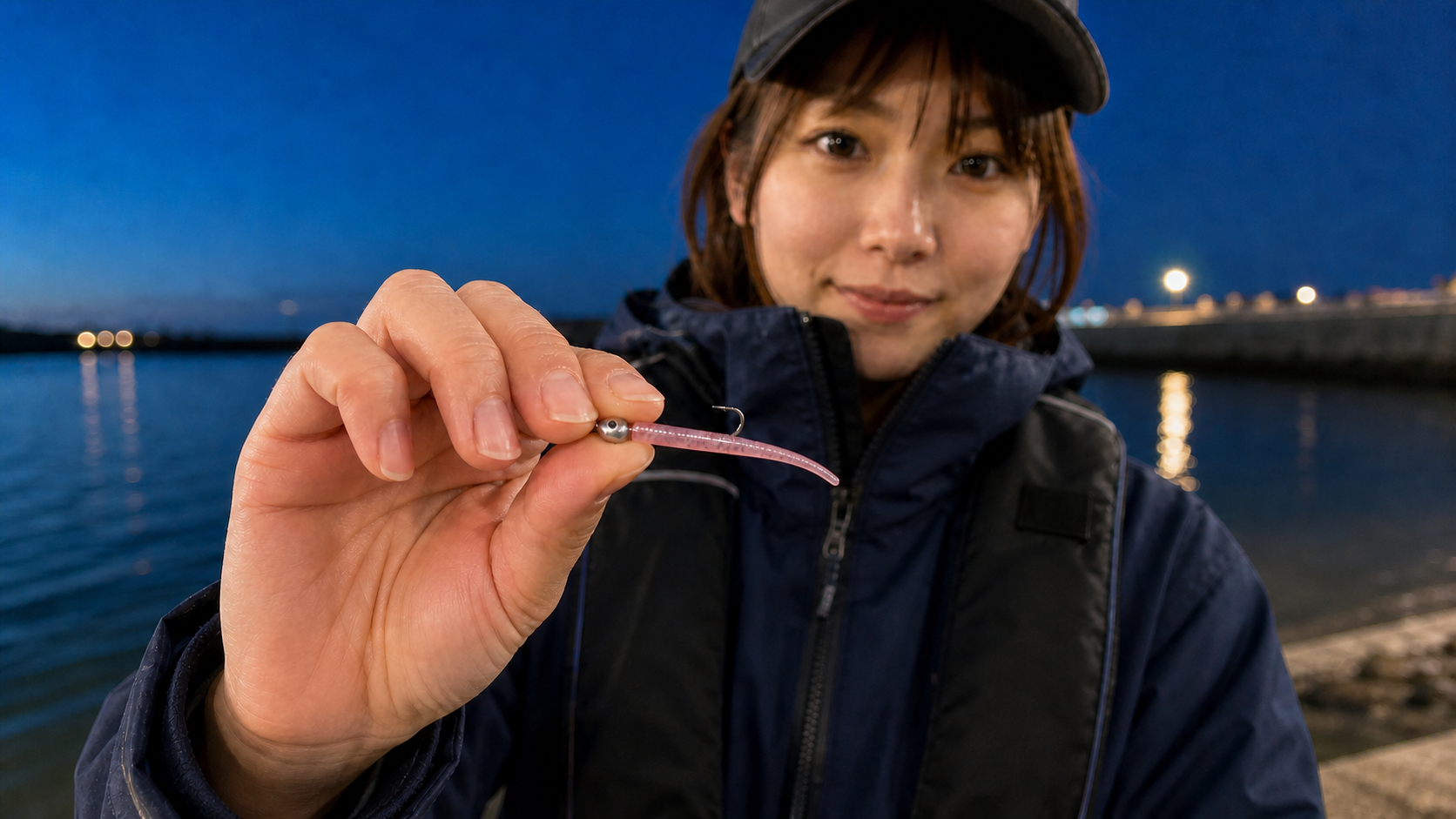 1g前後のジグヘッドへ短いワームを刺し、しっぽを少し垂らしたジグ単を見せる様子