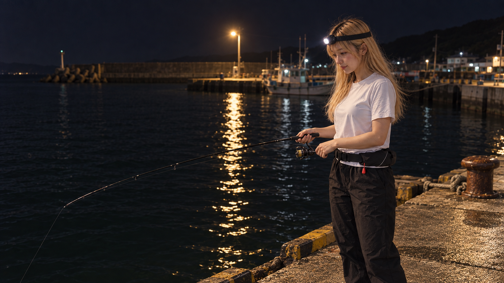 常夜灯のある夜の港で、ヘッドライトと腰巻きライフジャケットを着けた女性がアジングをするイメージ