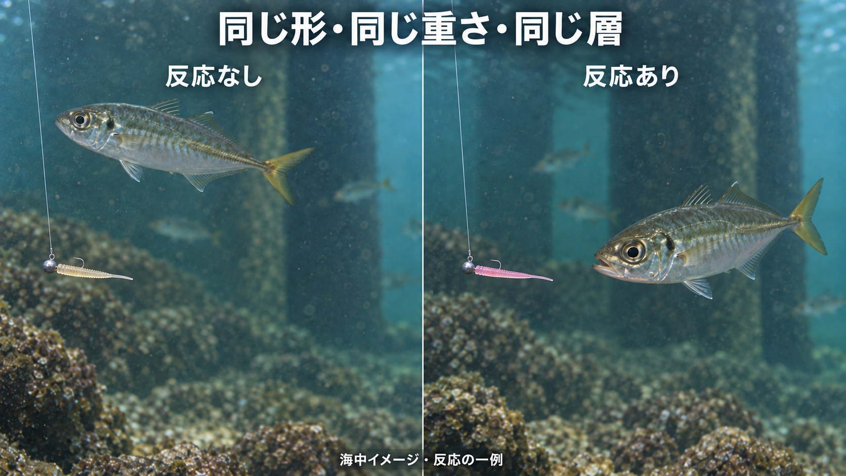 同じ形・重さ・深さのワームで色だけを替え、アジの反応を比べる海中イメージ。反応は一例です。