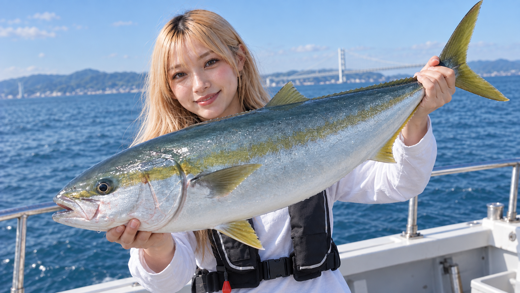 明石海峡を思わせる海を背景に、女性が青物を両手で持つ釣果イメージ