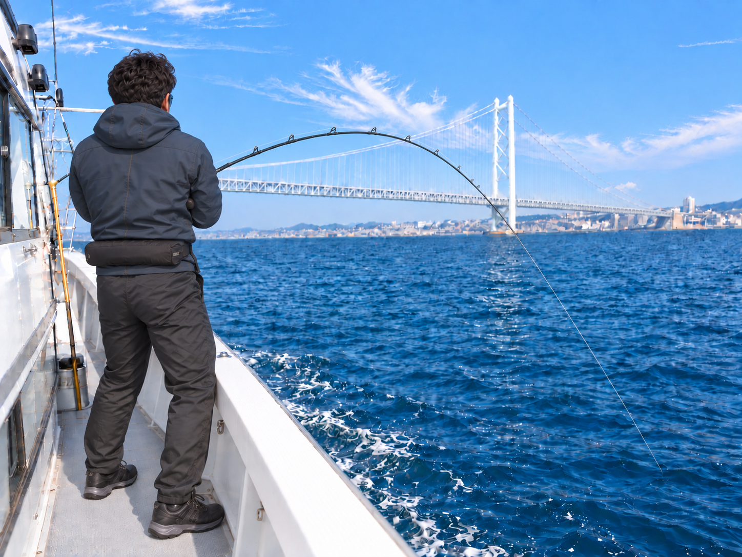 胴の間の船内デッキで、手元とリールを体の向こうに隠し、竿を大きく曲げて魚とやり取りする男性の後ろ姿のイメージ