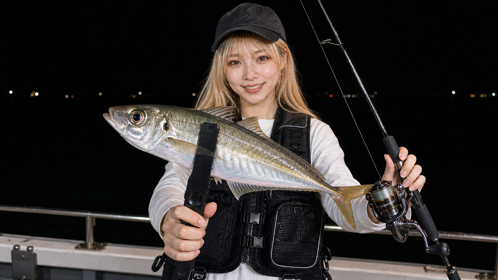 夜の船上でアジを持つアングラー