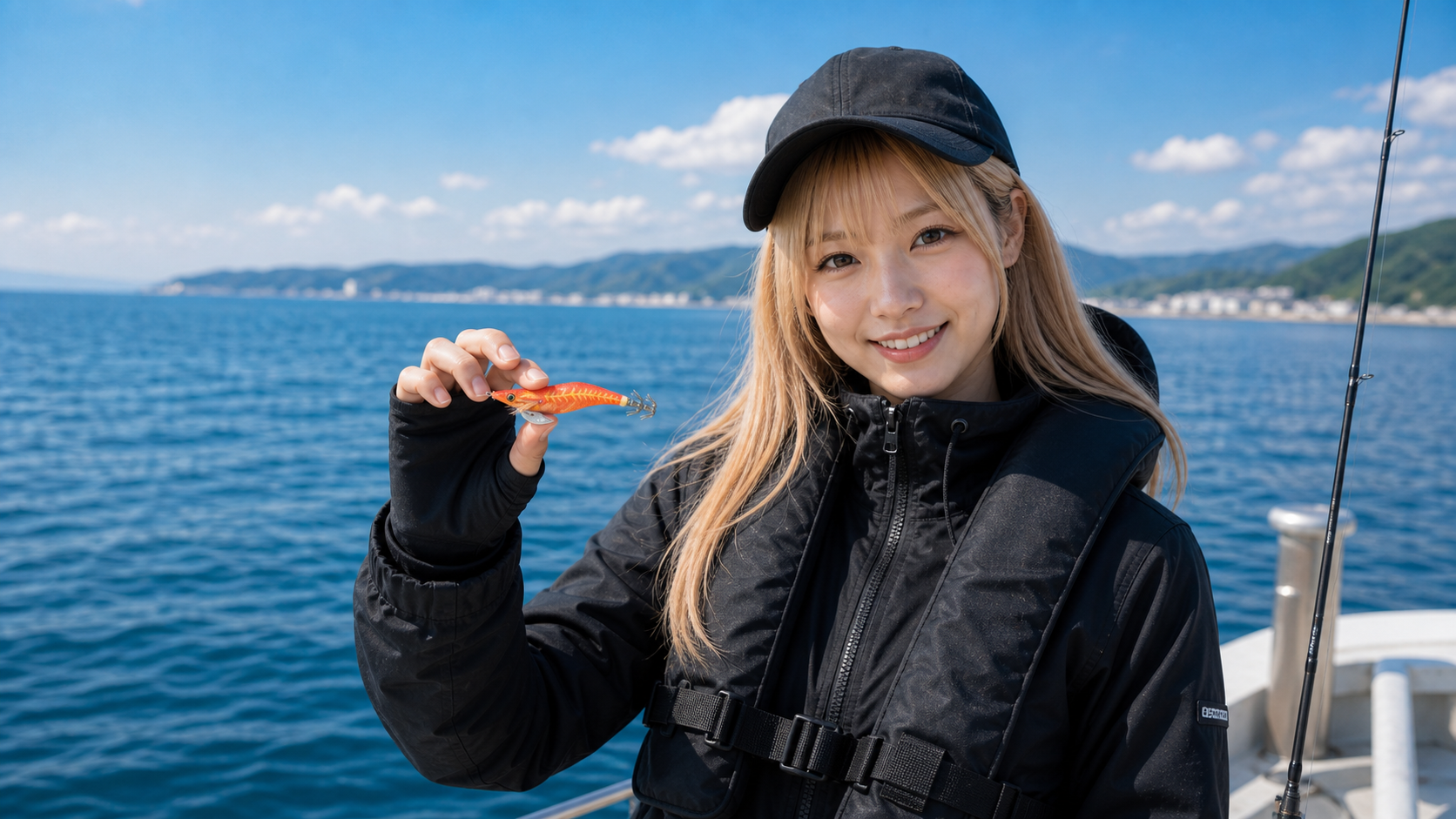 ディープタイプのオレンジエギを持つ釣り人
