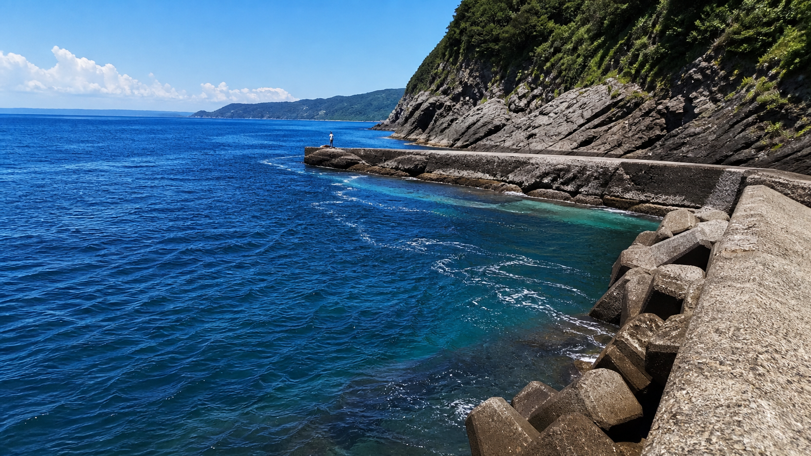 夏でも水深と潮通しが残る外海側の堤防と地磯