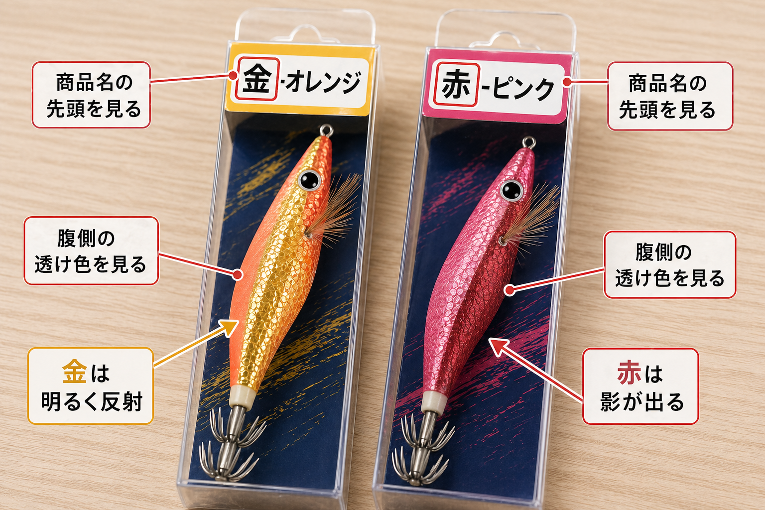 赤テープと金テープは商品名と腹側で見分ける