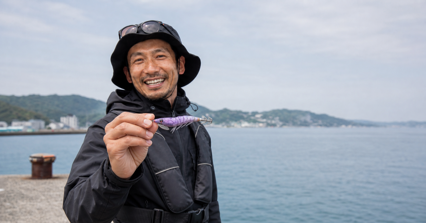 紫のエギを手に持って紹介する様子