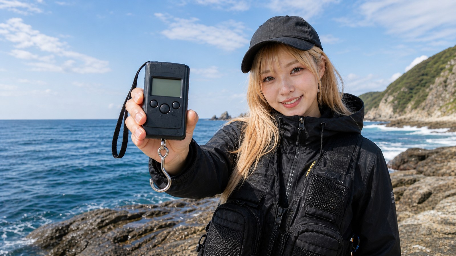 磯で防水デジタルスケールを確認する女性アングラー