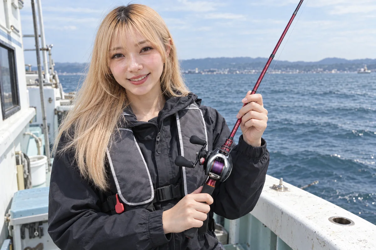 赤いカワハギ竿と小型両軸リールを持つ女性