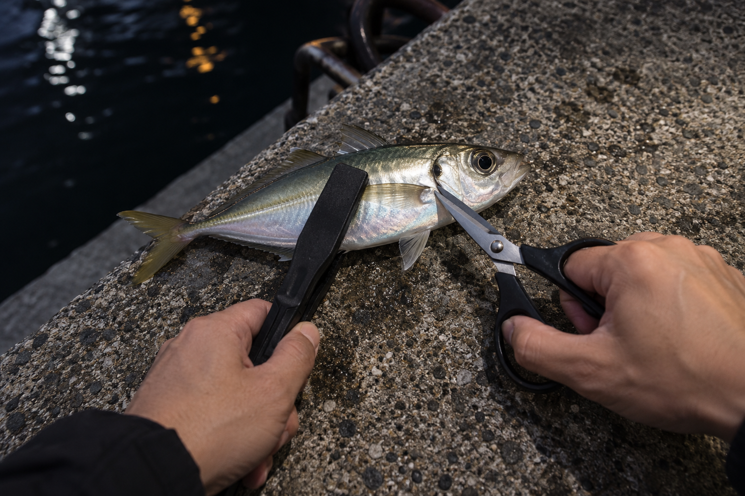 堤防でアジを魚つかみで押さえ、魚用ハサミでエラ付近を処理しようとしている手元