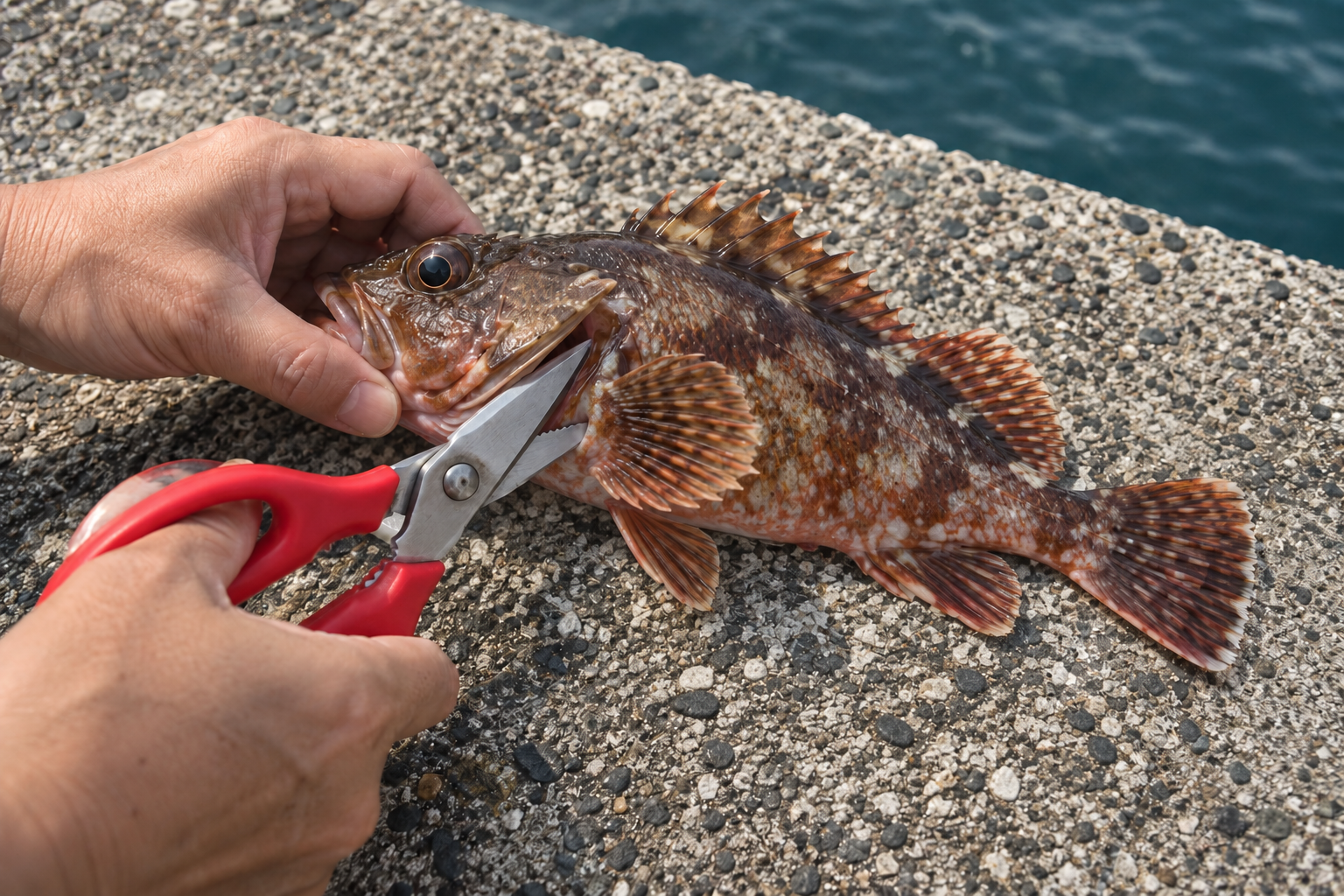 堤防でガシラのエラ付近に魚用ハサミを入れようとしている手元