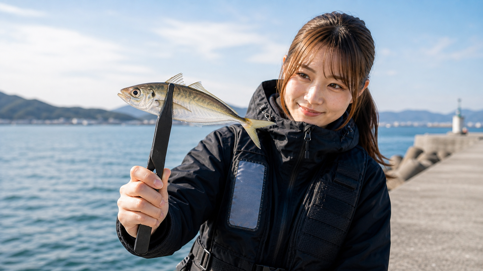 魚体を挟むタイプのフィッシュグリップでアジを持つ釣り人