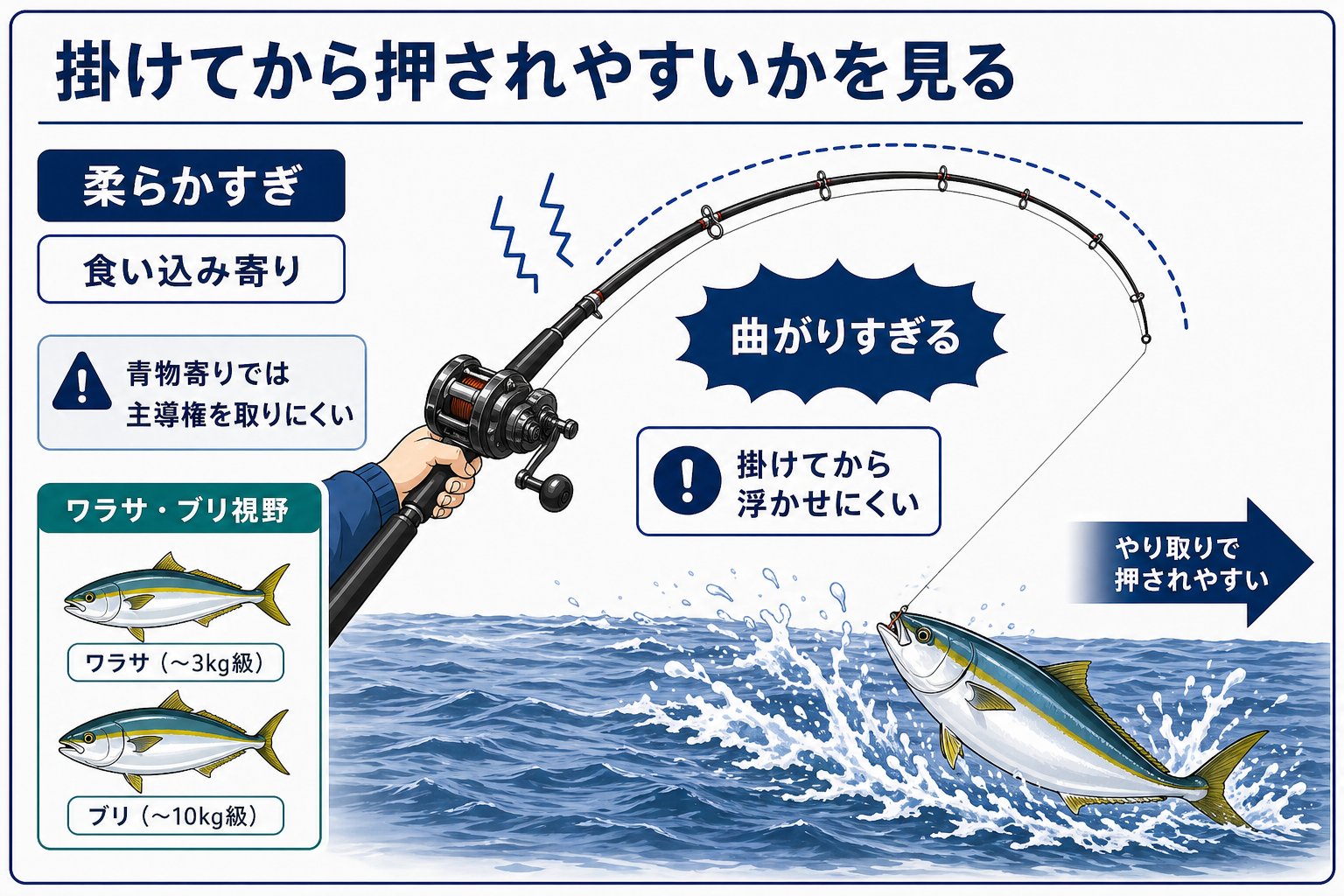 柔らかすぎる竿で青物相手に主導権を取りにくい状態