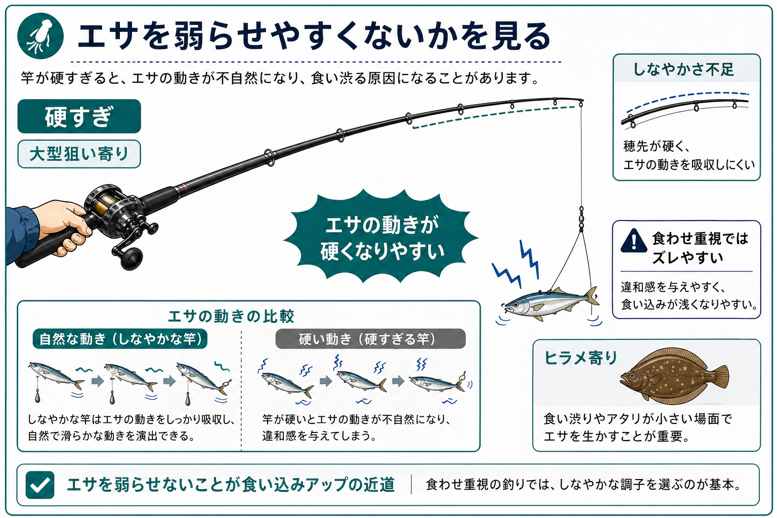 硬すぎる竿でエサの動きが硬くなる状態