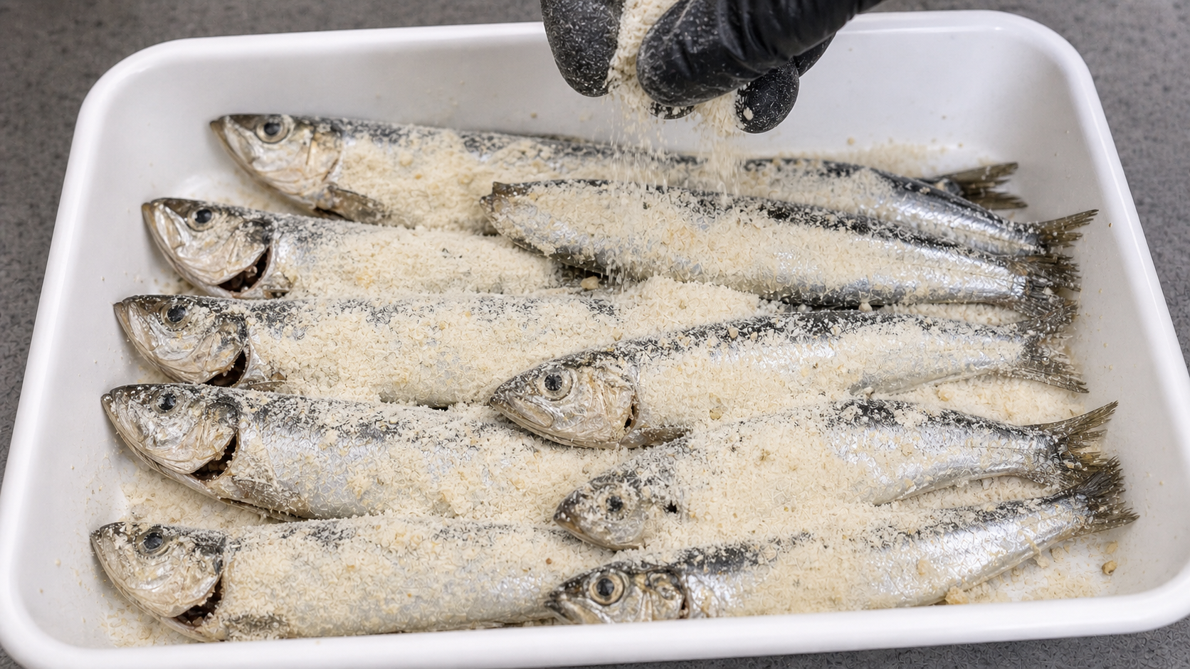 イワシに粉を振って太刀魚餌の下処理をしている様子