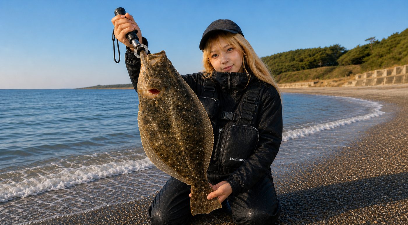 サーフで釣れたヒラメを持つアングラー