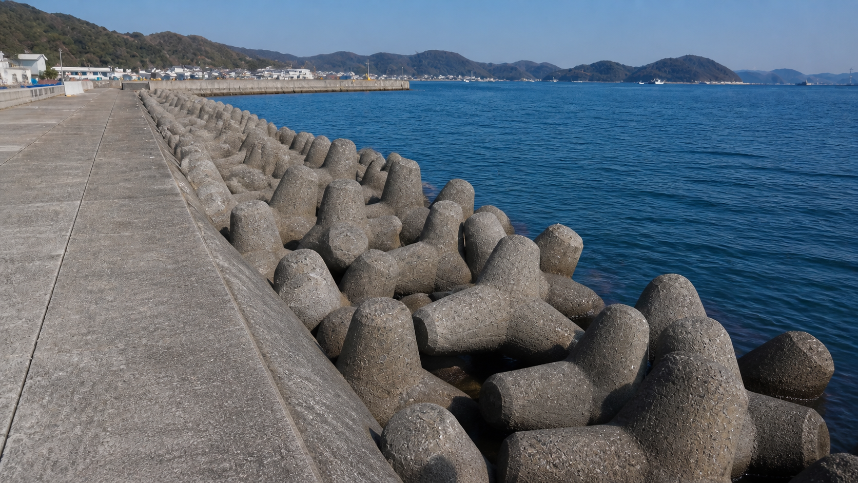 堤防沿いに並ぶ消波ブロックと穴釣りで狙う隙間