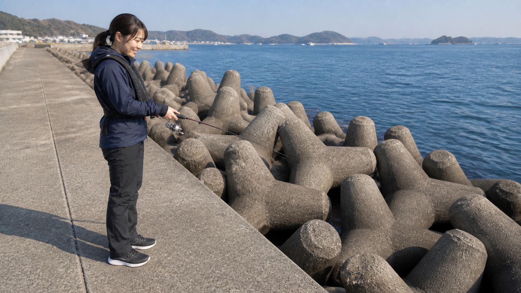 乾いた平らな堤防から消波ブロックの隙間へ仕掛けを落とす女性