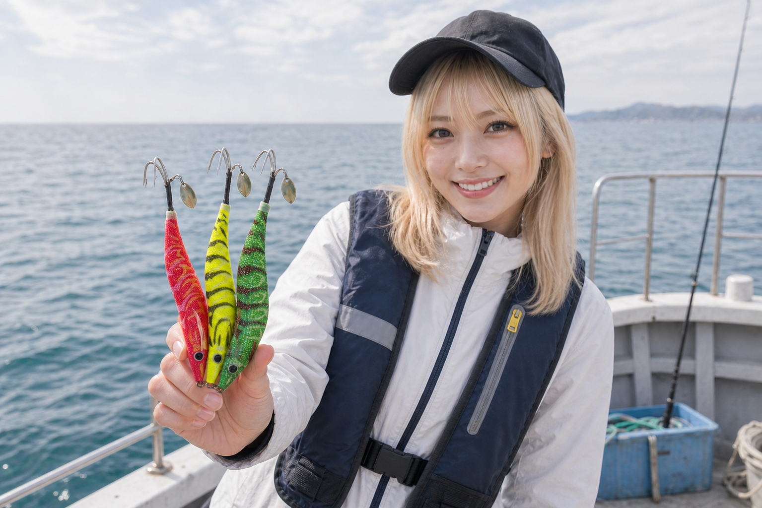赤・黄・緑のタコエギ3本を手に持って見せる女性