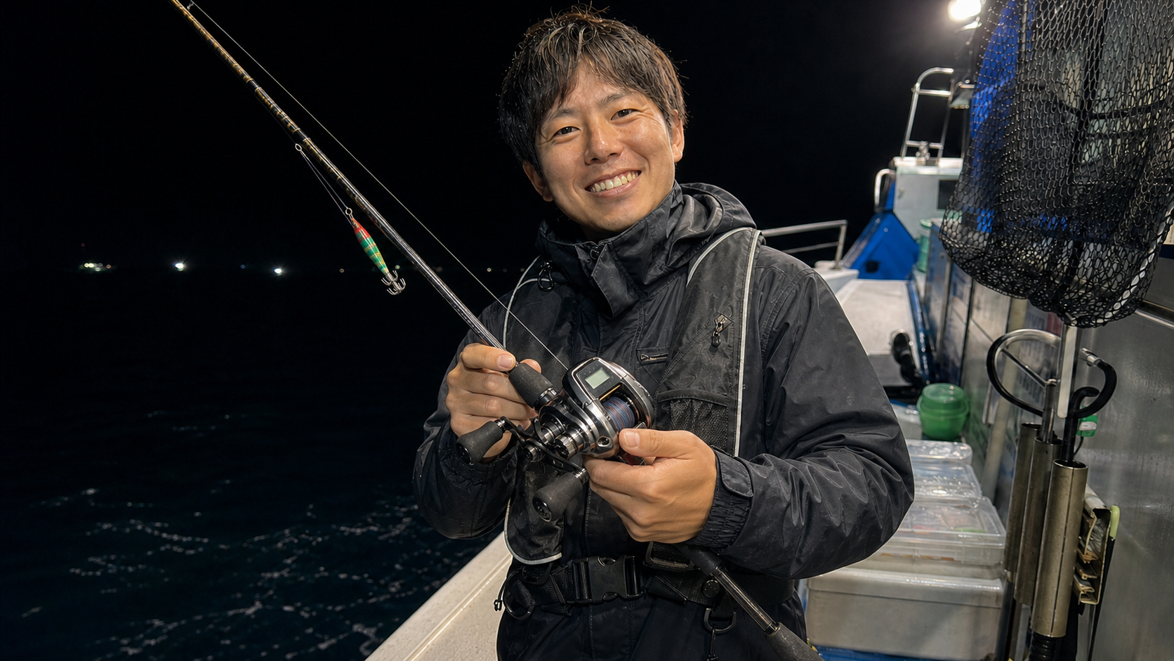カウンター付きベイトリールとイカメタル用ロッドを手にした釣り人