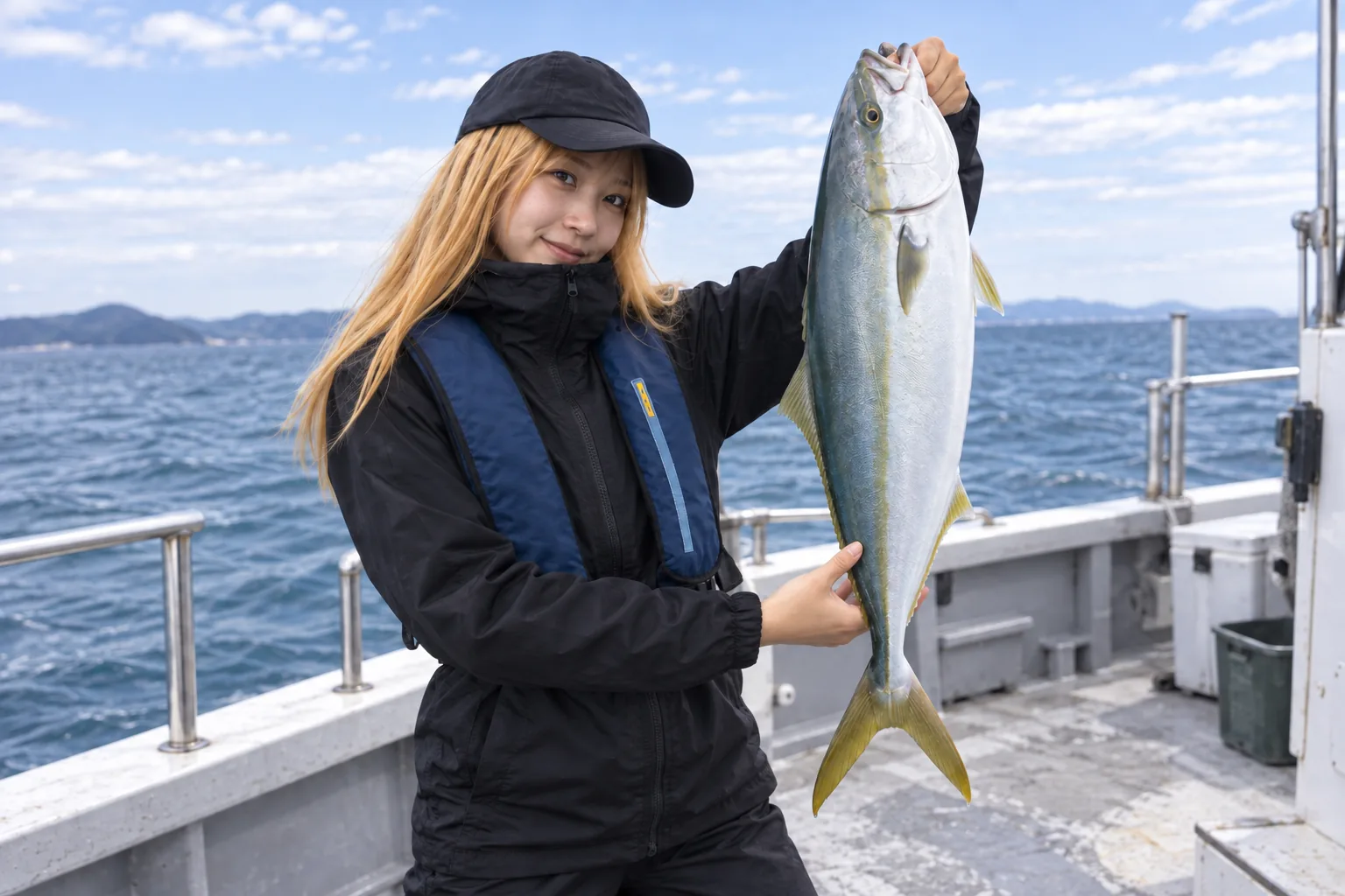遊漁船のデッキでブリ系青物の釣果を見せる女性アングラー