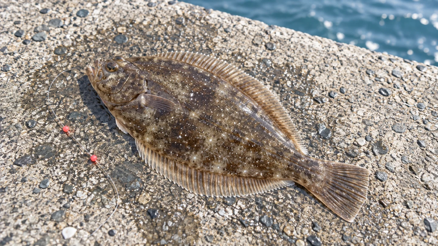 明るい堤防で釣り上げたカレイと道糸のアップ