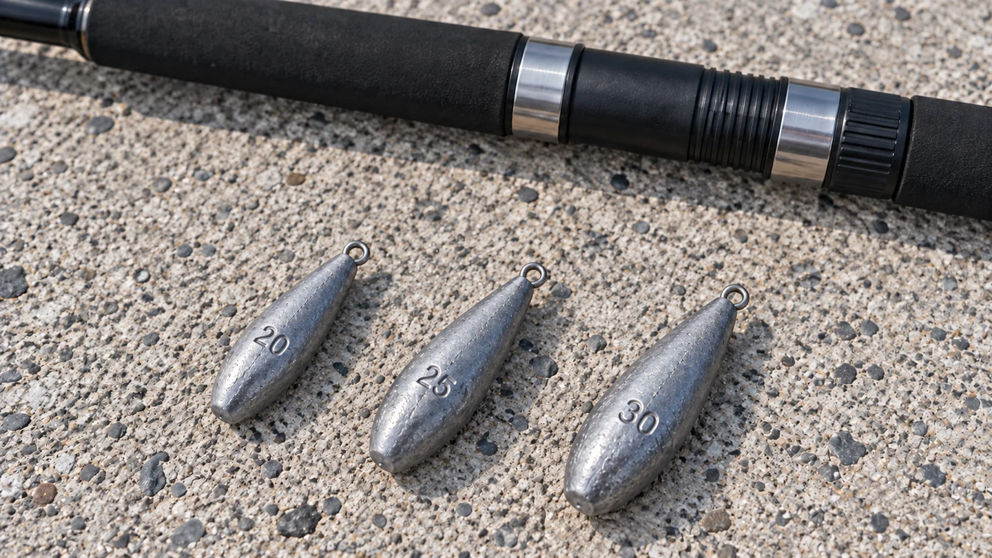 堤防に並べた20号・25号・30号の投げ釣り用オモリ