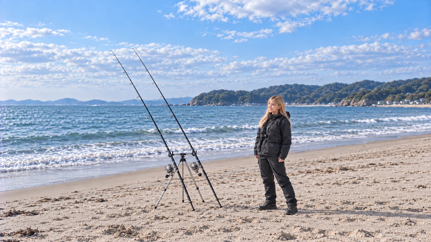 砂浜で2本の投げ竿を竿立てに掛けてアタリを待つ様子