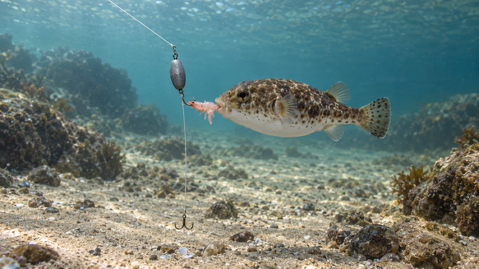海底付近の仕掛けに寄り、エサをついばむフグの海中イメージ