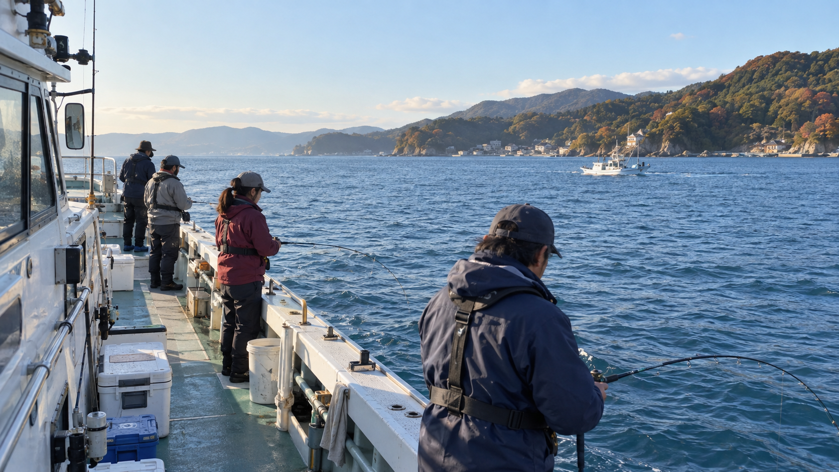 秋色の海岸を望みながら乗合船で釣りを楽しむ釣り人たち