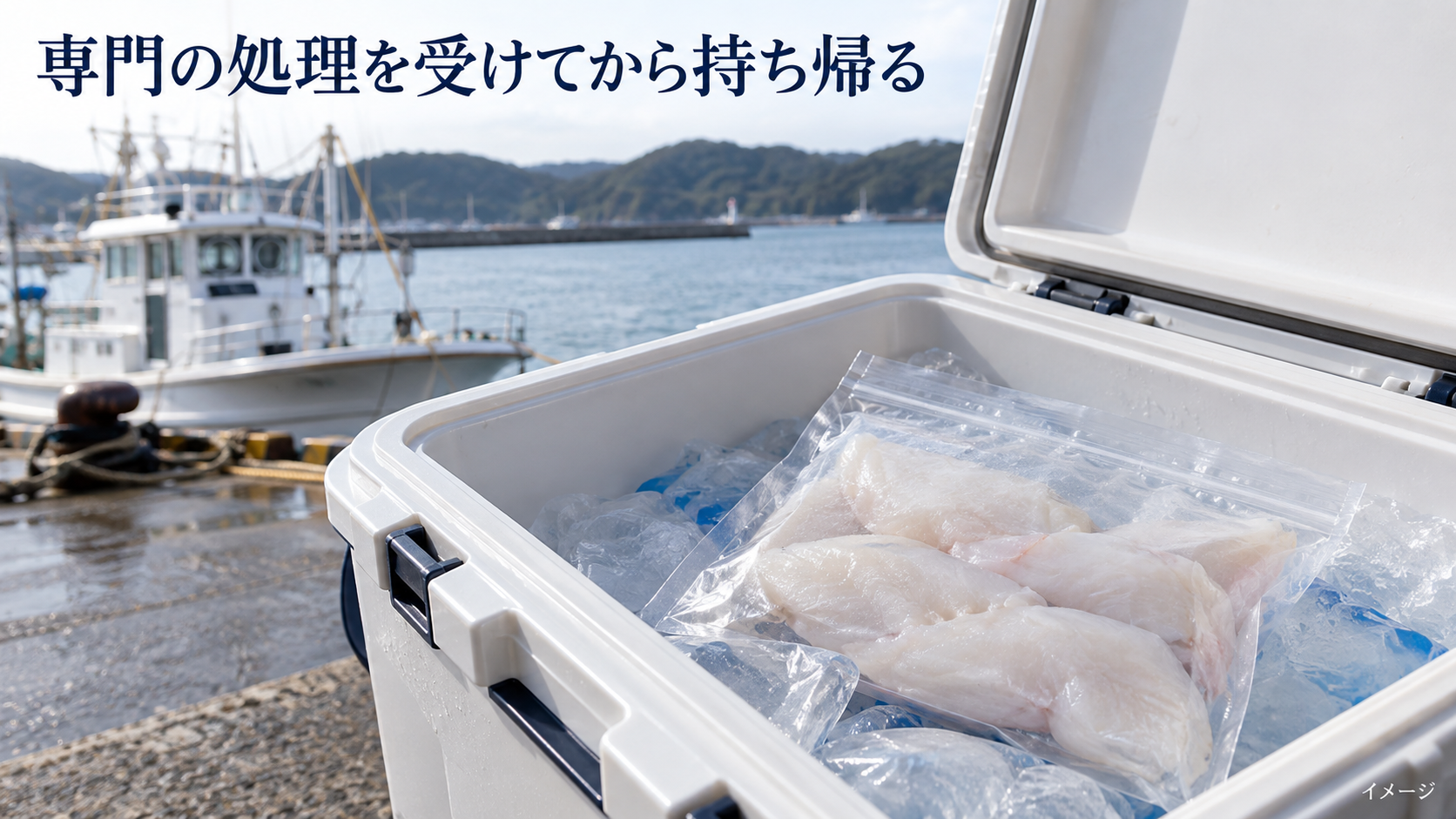 専門の処理を受けたフグの身をクーラーボックスで持ち帰るイメージ