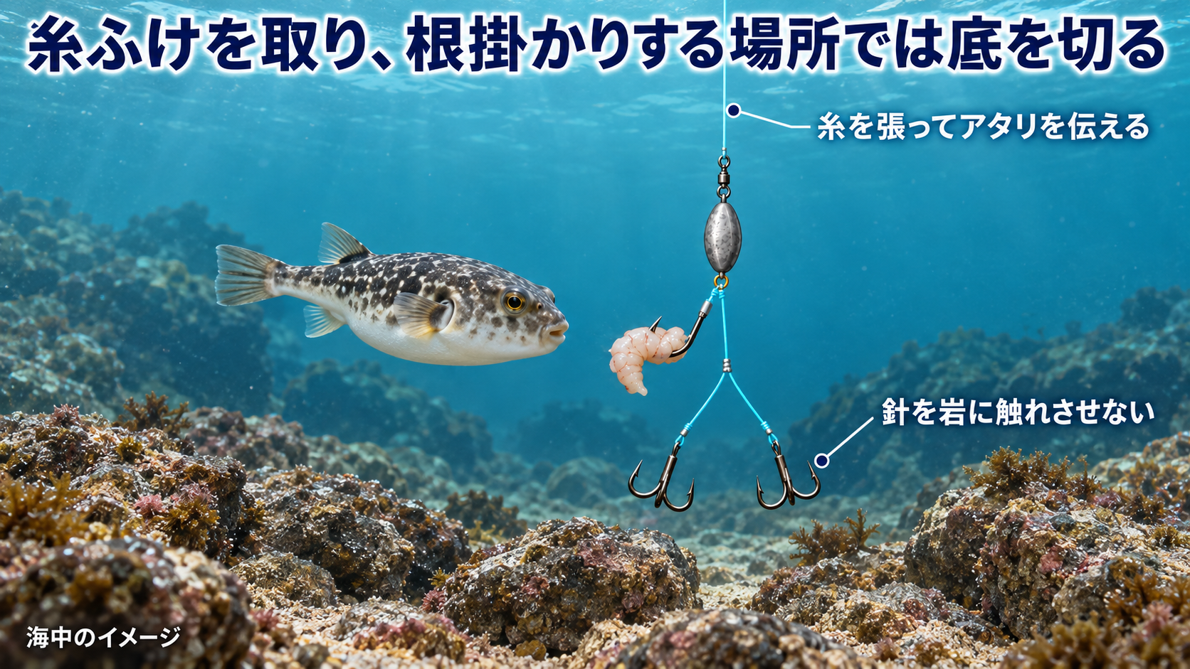 糸ふけを取り、カットウ針を岩から浮かせてフグを狙う海中のイメージ