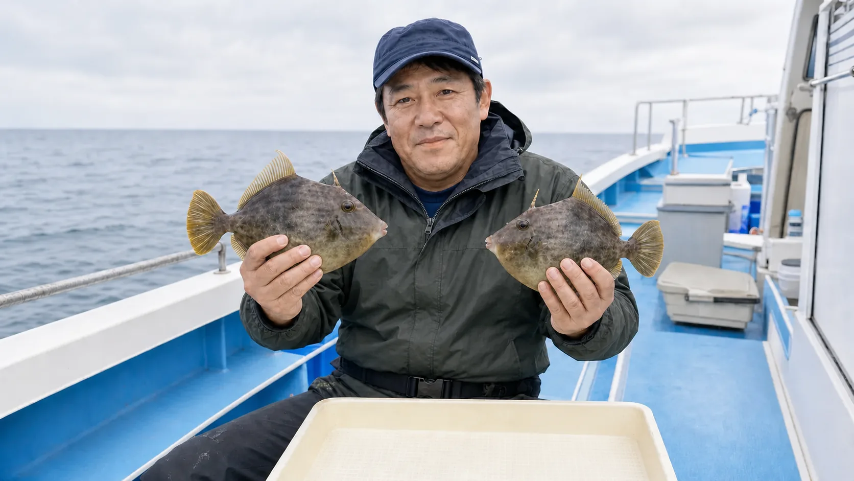 船上で釣り上げたカワハギ2枚を手に持つ釣り人