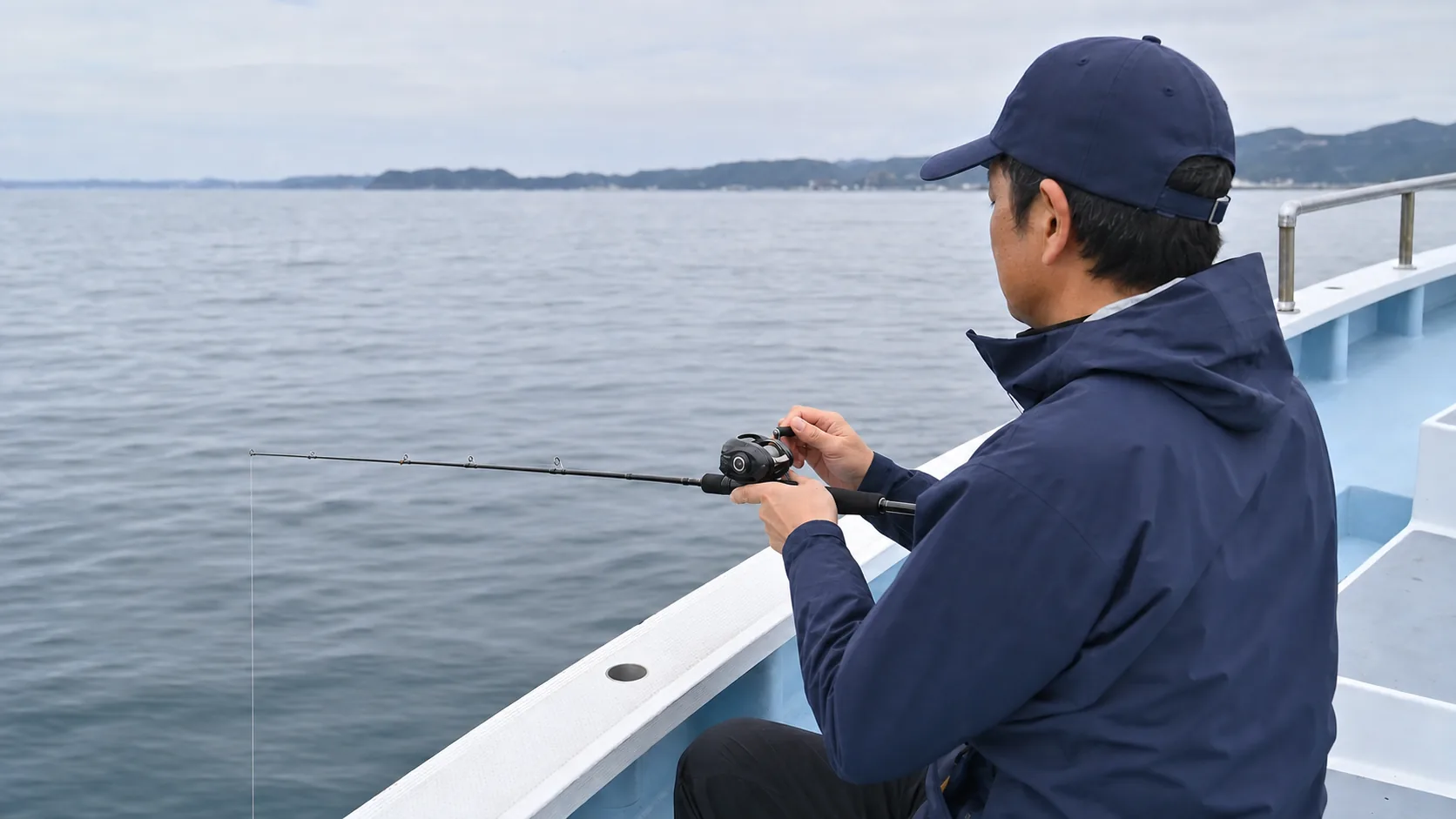 船下へラインを垂直に入れながらカワハギロッドの穂先を見る釣り人