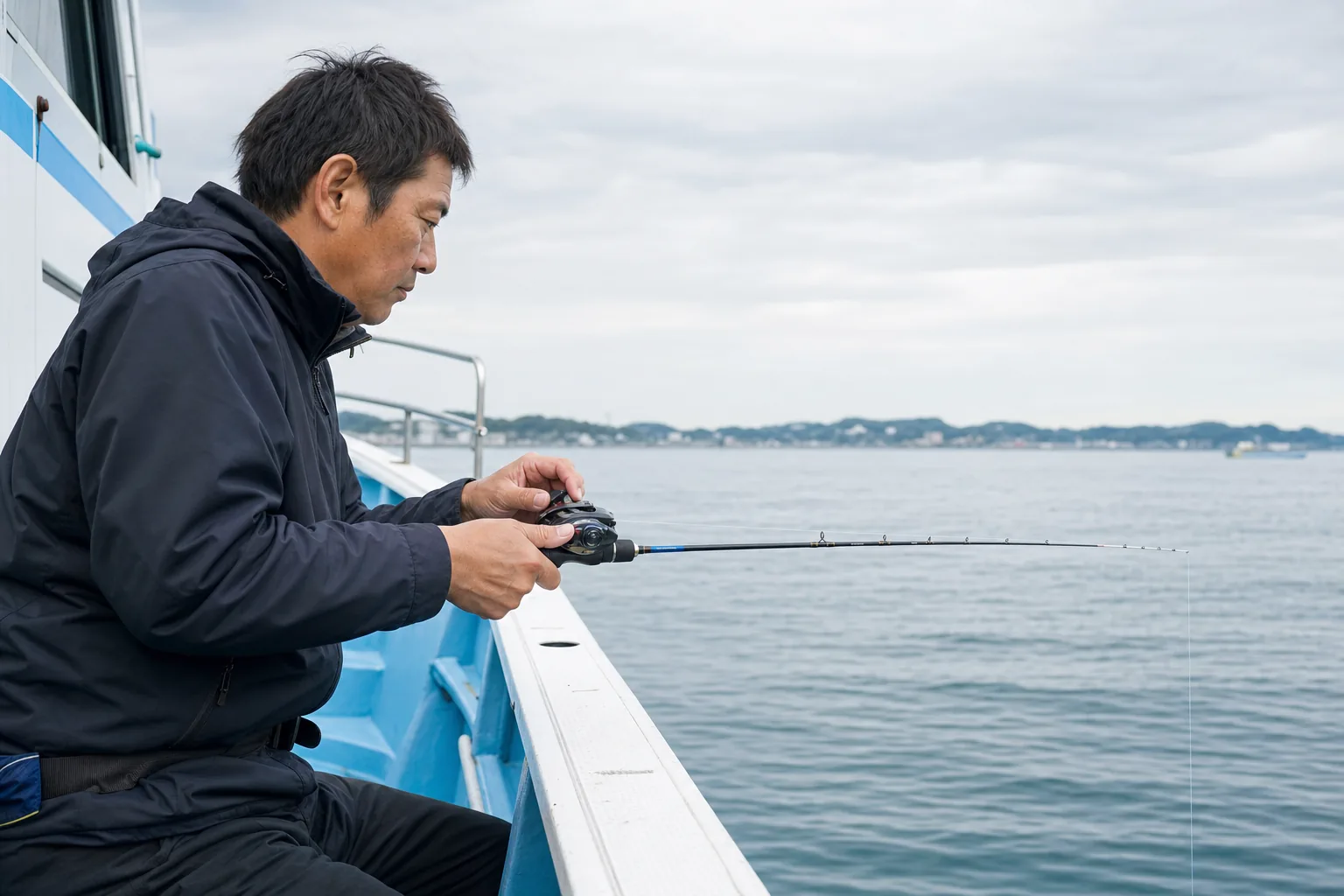 オモリを底へ置いたまま穂先を低く保ちラインの張りを調整する釣り人