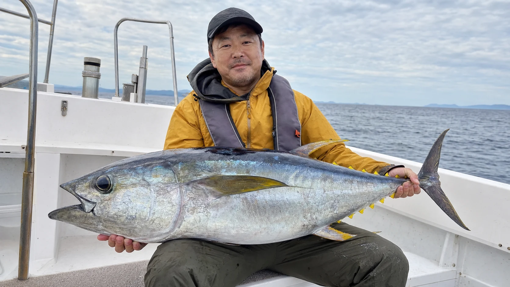 船上で釣り上げたキハダを膝に載せて見せる釣り人
