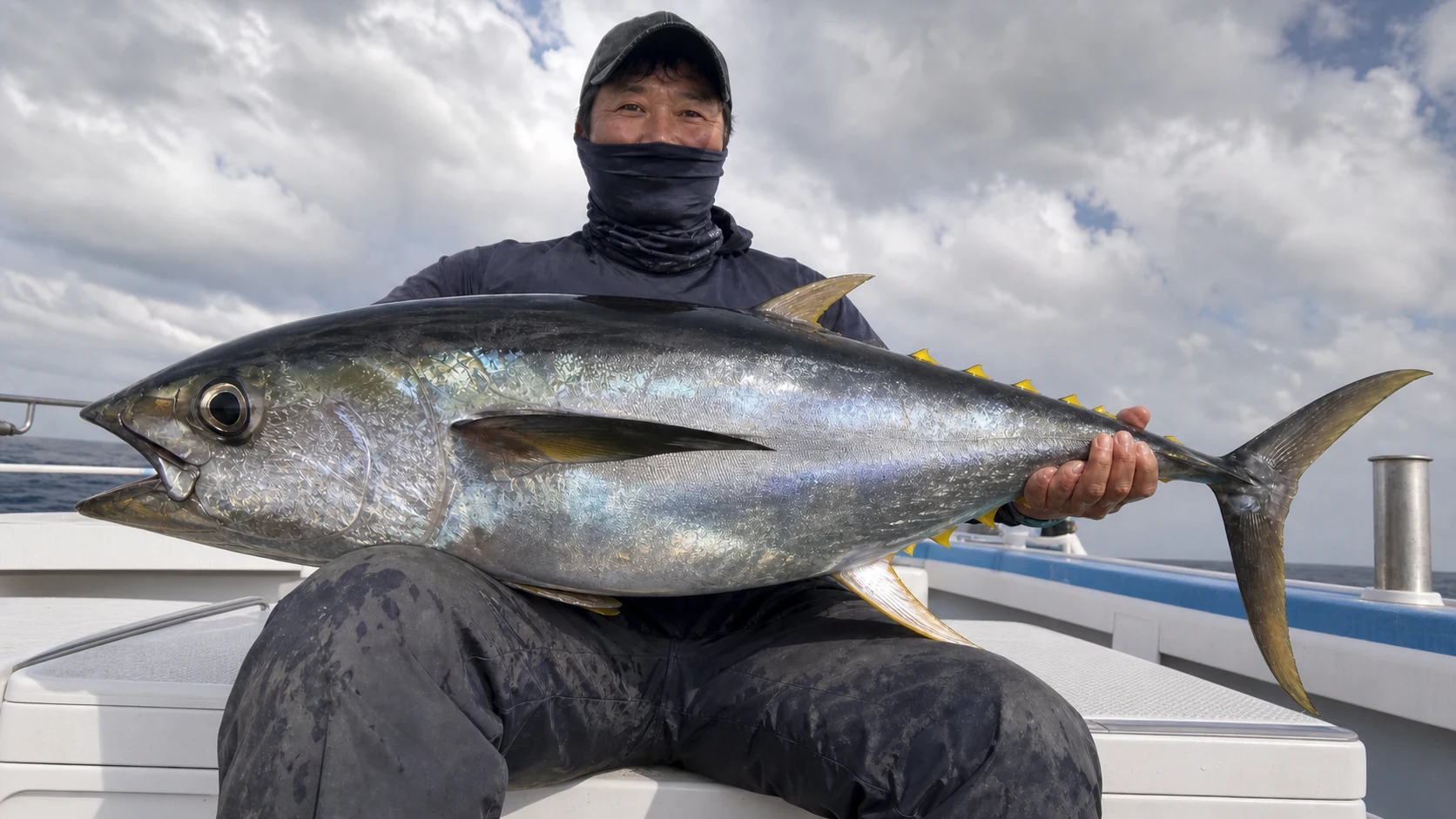 船上でキハダマグロを膝に載せて釣果を見せる釣り人