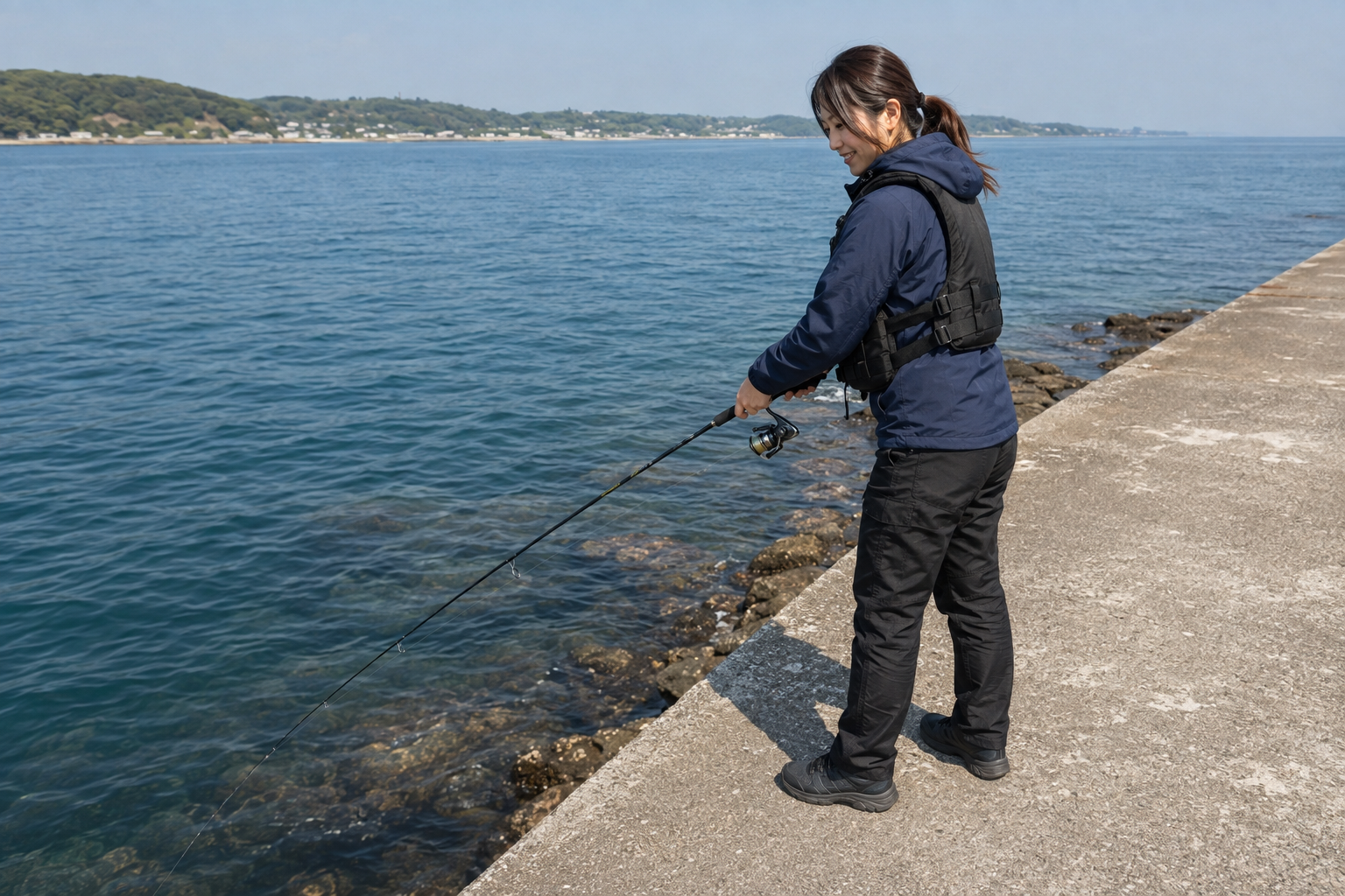 平らな外向き堤防から敷石の際へ仕掛けを落としてキジハタを探る釣り人