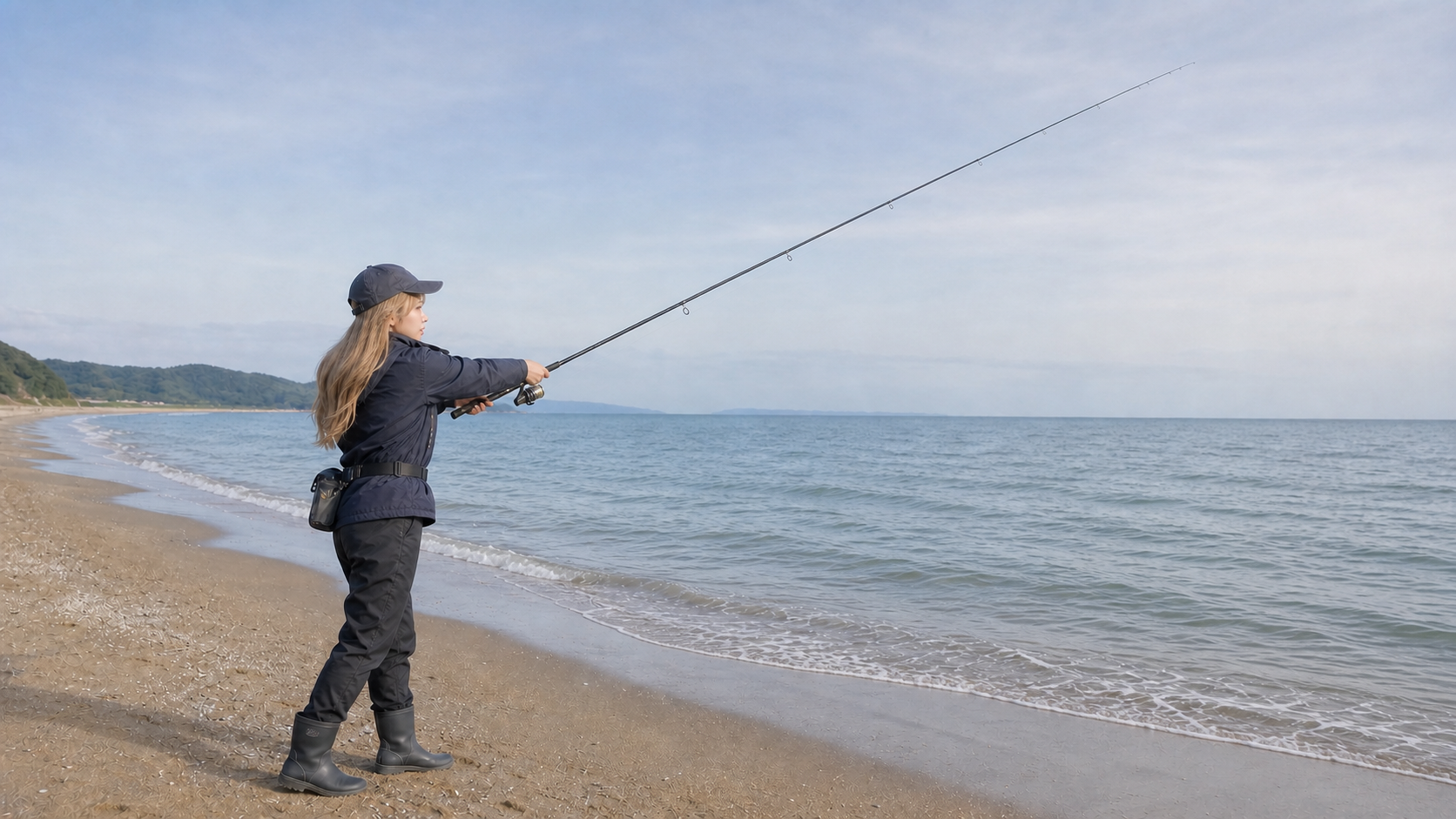サーフから海へちょい投げ仕掛けをキャストする女性アングラー