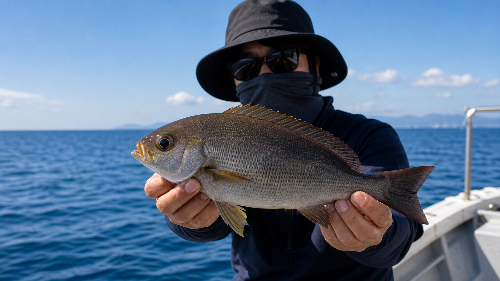 LJ（ライトジギング）で釣れたイサキを船上で持つ釣り人