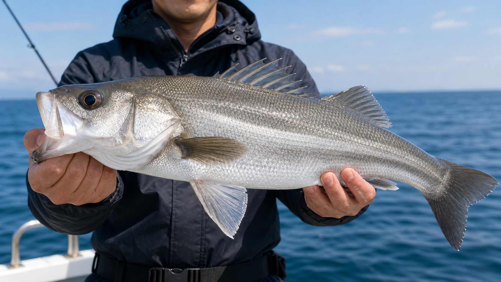 ライトジギングで釣れたシーバスをアップで持つ釣り人