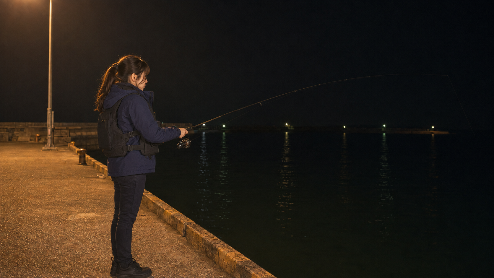 常夜灯の下で海を見ながらメバリングをする様子
