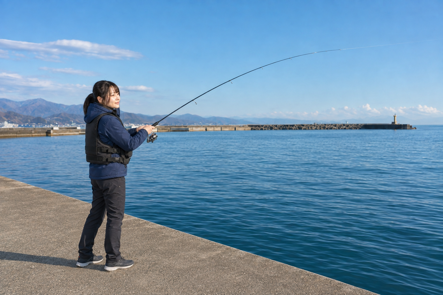 固定式ライフジャケットを着て防波堤の海側からメバリングロッドをキャストする女性