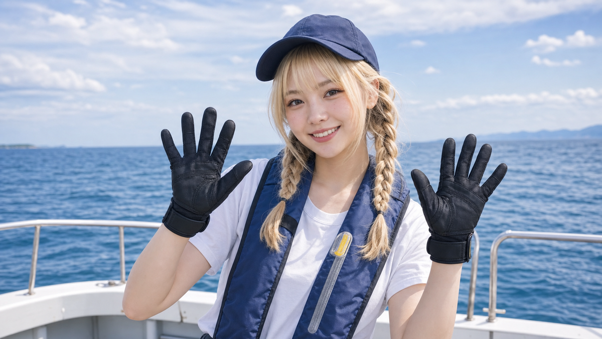 両手を開いてオフショアキャスティンググローブの指先と手のひらを見せる様子