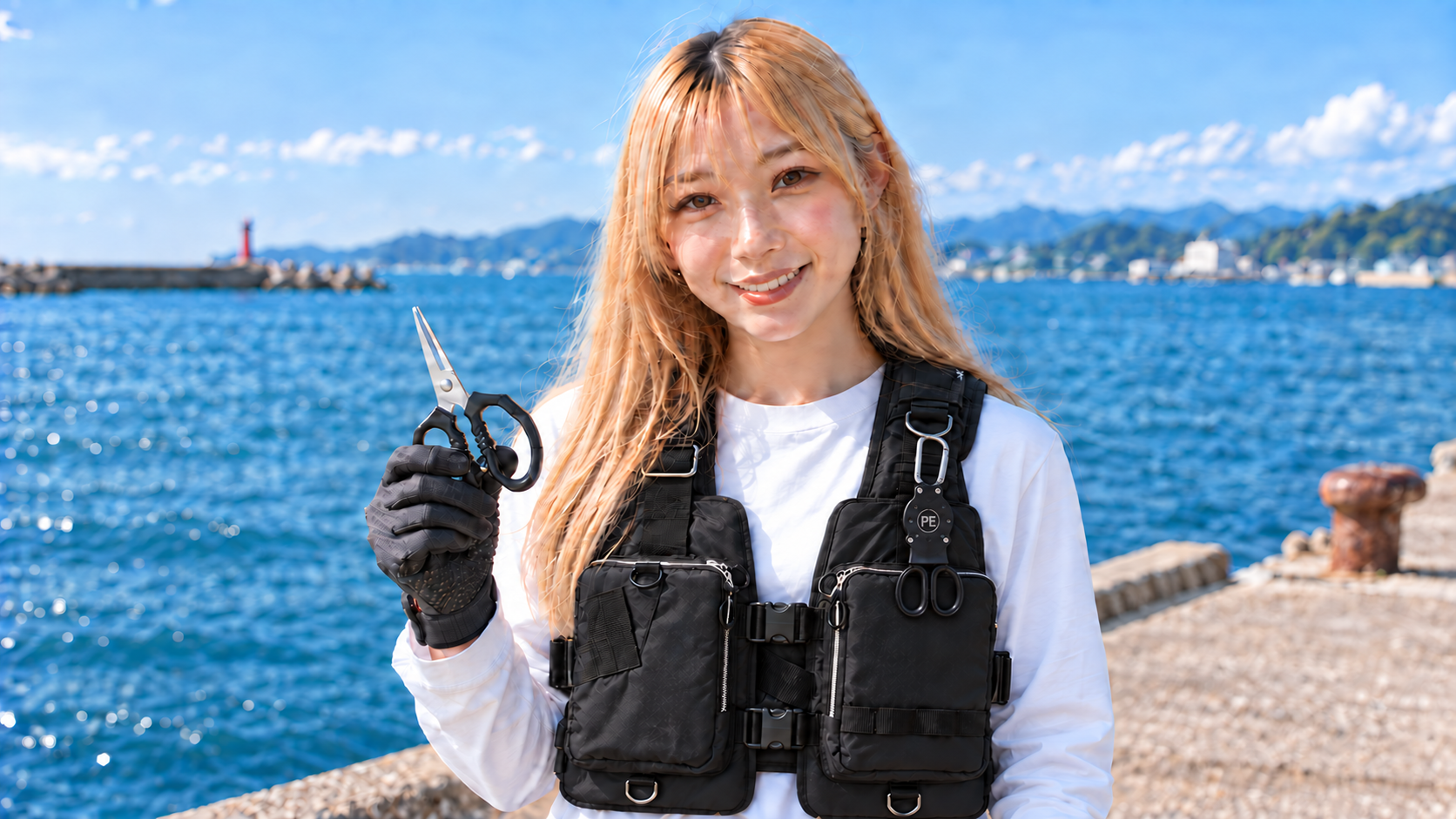 胸元にケース入りハサミを吊るし、手袋で大きな持ち手のハサミを持つ女性のイメージ
