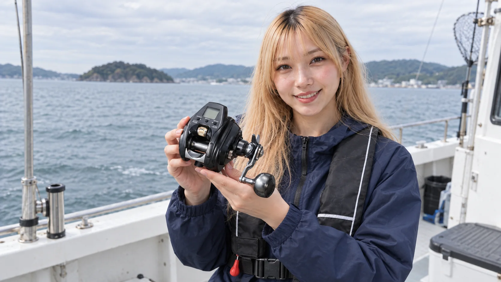 女性モデルが鯛サビキ用の小型電動リールを手に持つ様子
