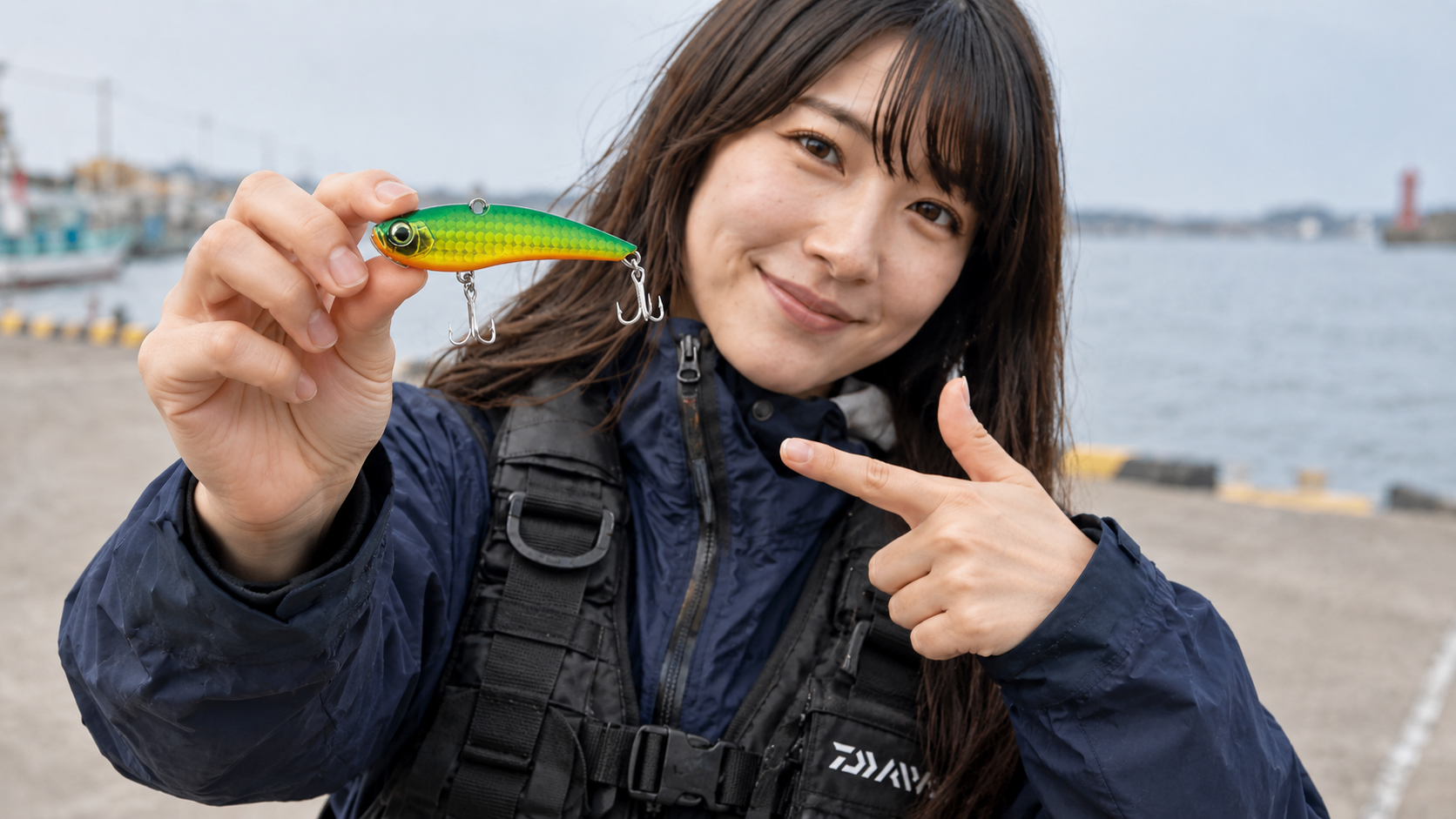 堤防で14〜20gのバイブレーションを手に持ち、最初に使うルアーを示す女性