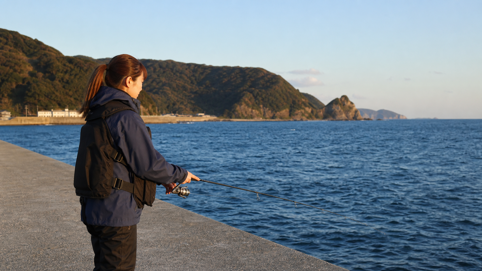 外向きの堤防から根魚用のスピニングタックルで海底を探る女性