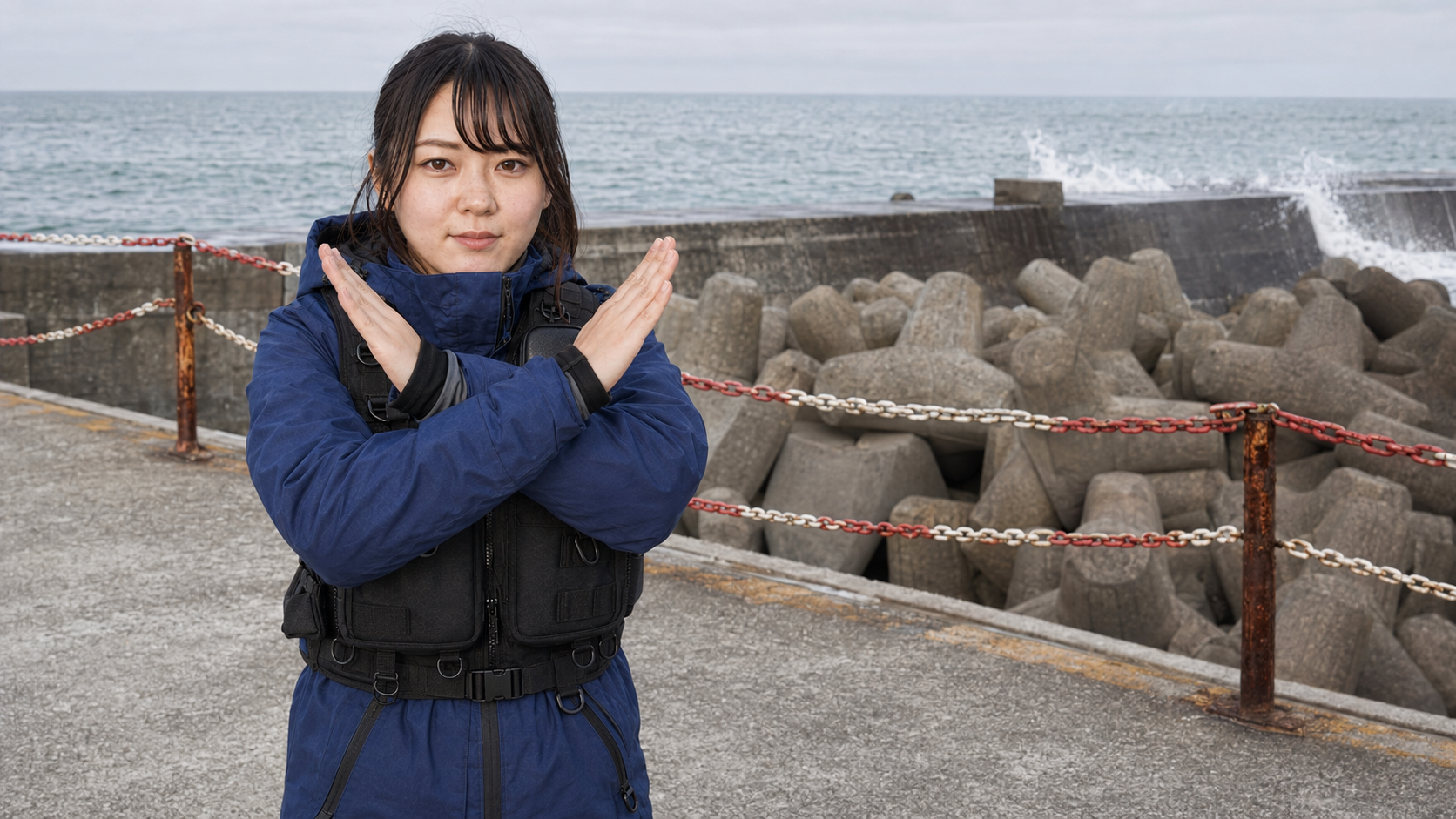 立入防止柵の手前に立ち、消波ブロックへ入らないよう両腕でバツを示す女性