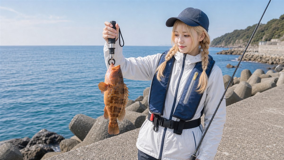 キジハタをフィッシュグリップで持つロックフィッシュ釣りの場面